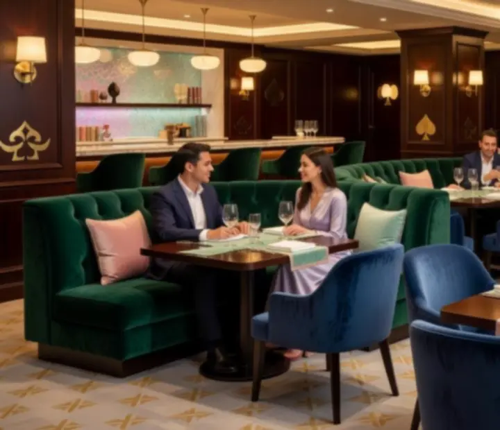 Večerní interiér restaurace CasinoAlba inspirovaný světem casino lounge