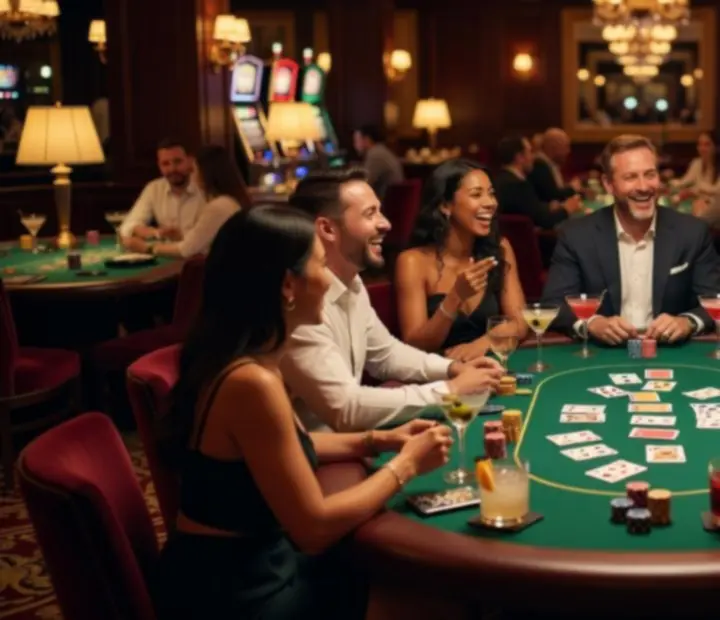 Hosté se baví u pokerového stolu během společenského večera v restauraci CasinoAlba