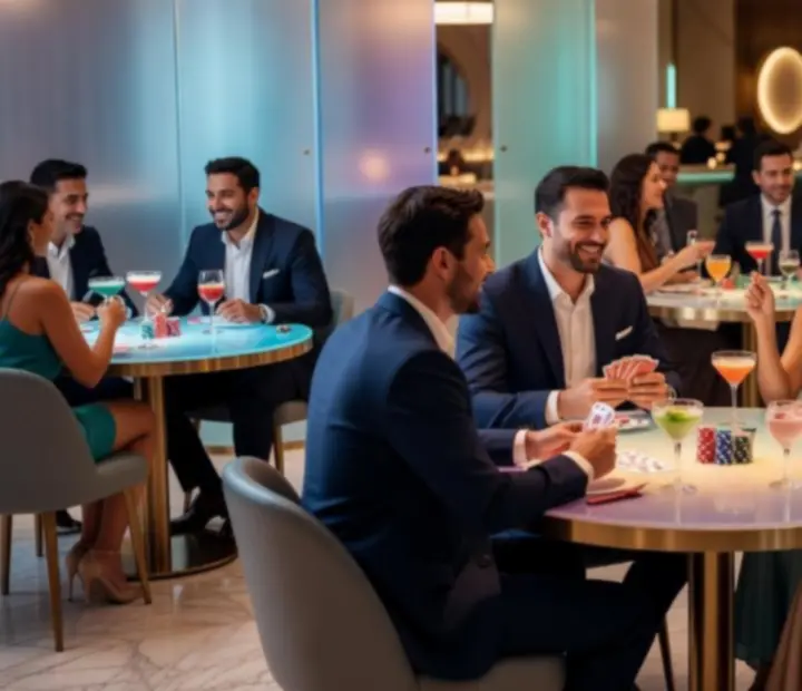 Hosté u pokerového stolu v moderní restauraci CasinoAlba během společenského večera