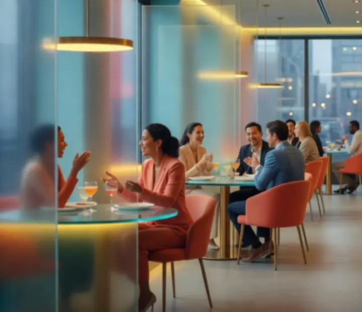 Stylový pastelový interiér restaurace CasinoAlba s tyrkysovými a korálovými akcenty